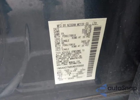 2005 Nissan Titan Se z USA, uszkodzony, nr VIN 1N6AA07A85N520888